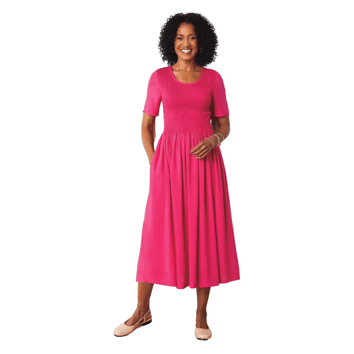AmeriMark Smocked-Waist Dress with Elbow Sleeves and Scoop Neckline - Midi Dress with Full Gathered Skirt - Rayon Knit