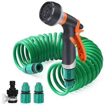 Tubo Acqua Giardino 7.5 M, Water Pipe Estensibile - Tubo a spirale con Pistola Multifunzione 8 Modelli Regolabili - Irrigazione Giardino, Lavaggio auto, Pulizia Cortile e Pet Balneazione (7.5m)