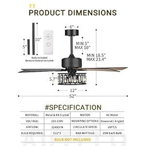 AUTELO Modern Ceiling Fan, 52 Inch Ceiling Fans with Lights and Remote Control, 5 Reversible Blades Ceiling Fans with Lights, Crystal Ceiling Fans in Black and Wooden Finish for Living Room, F9327 AUTELO Modern Ceiling Fan 52 Inch Ceiling Fans with Lights and Remote Control 5 Reversible Blades Ceiling Fans with Lights Crystal Ceiling Fans in Black and Wooden Finish for Living Room F9327