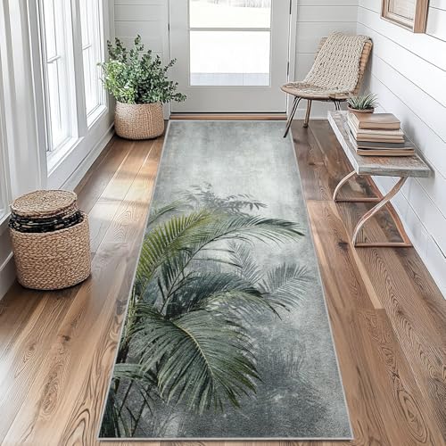 Palm Leaves Runner Rug 2x10 Washable, Tropical Plant Hallway Runner Rug Non-Slip, Modern Abstract Pattern Soft Low Pile Decor Carpet for Entryway, Kitchen, Bedroom, Laundry Room nI&S291