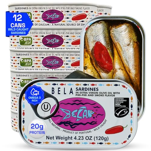 BELA Wild Caught Portuguese Sardines - Lightly Smoked and Marinated in Piri Piri Flavored Extra Virgin Olive Oil | 4.25 Oz (Pack of 12) | All Natural, High Protein, Hand Selected, Sea Salted, & Omega 3 Rich