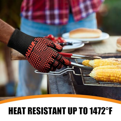 Image of BBQ Gloves, Oven Gloves, 1472F Extreme Heat Resistant Barbecue Gloves, Silicone Non-Slip Oven Mitts, Kitchen for Cooking, Grilling, and Baking (Red)