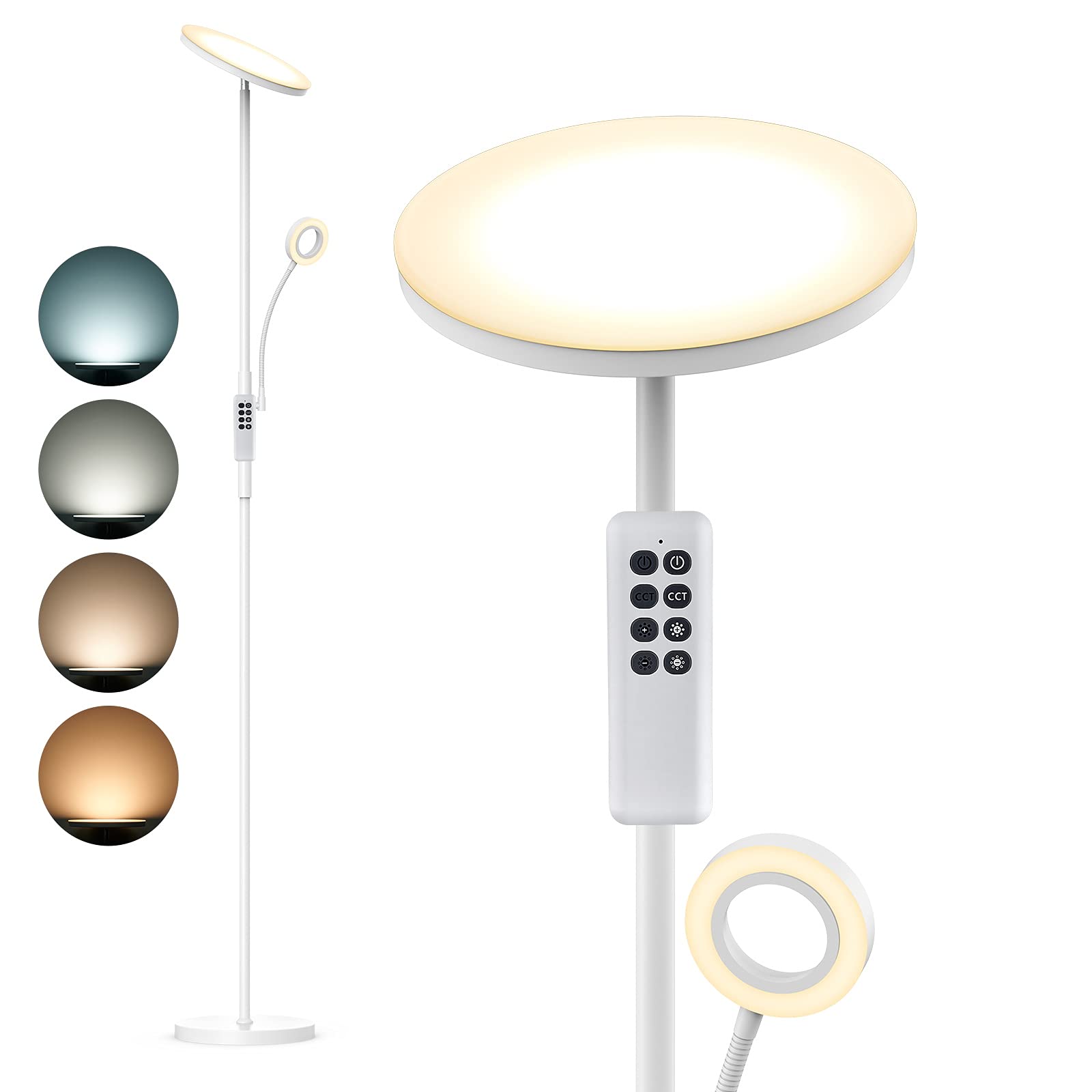 Anten Lampara de pie LED 30W+5W, con Luz de Lectura | Regulable 4 Temperaturas de Color, con Mando a Distancia | Blanco Moderno | para Salón, Dormitorio, Oficina, Hotel (Blanco)