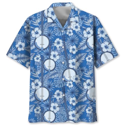 Banjo Shirt for Men – Funny Banjo Pattern Hawaiian Shirt, Vintage Banjo Gifts for Men, Music Aloha Shirt Size S-5XL