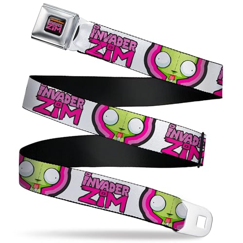 Nickelodeon Belt, Seatbelt Buckle Belt, Invader Zim Title Logo and GIR Pose Close Up White Pinks, Youth 20 to 36 Inches