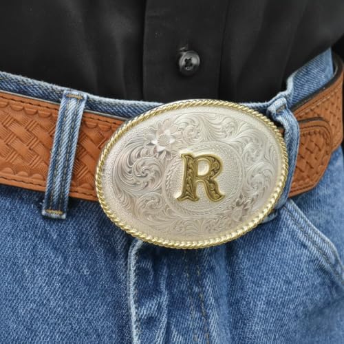 Image of Montana Silversmiths Initial Engraved Gold Trim Western Belt Buckle