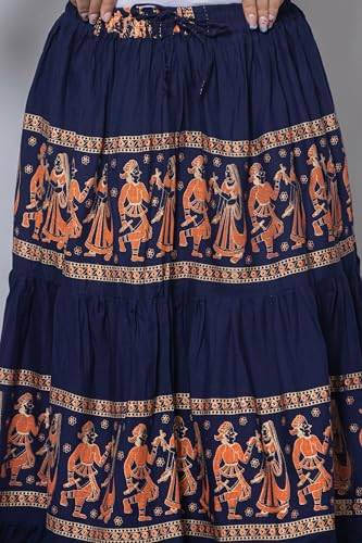 Image of Women's Cotton Printed Long Skirt | Ethnic Folk Print Tiered Maxi Skirt for Women | Elastic Waist Flared Boho Skirt | Traditional Casual for Women