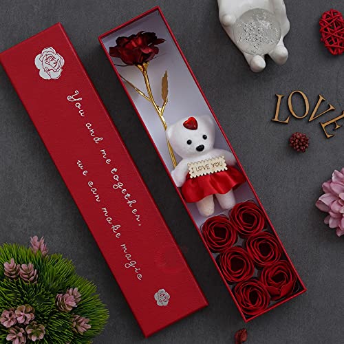 eCraftIndia Red Valentine Day Gift Box with Teddy, Rose Showpiece, and 6 Flowers | Valentine Gift for Girlfriend Boyfriend Husband Wife | Valentine Gifts | Valentine Day Decoration Items