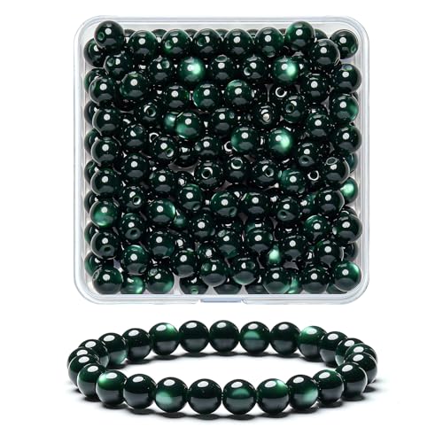 Soeoy 200 Pcs Black and Green Cats Eye Glass Beads 8 mm Round Crystal Gemstone Loose Beads for Jewelry Making DIY Bracelets Necklace Accessories