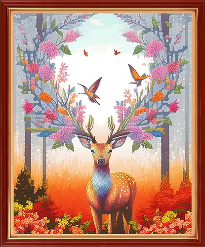 Image of Dimensean Stamped Cross Stitch Kits Full Range of Embroidery Patterns Starter Kits for Beginners Adult DIY Cross Stitches Needlepoint Kits 11CT-Colorful Flower Deer 15.7x19.7 inch