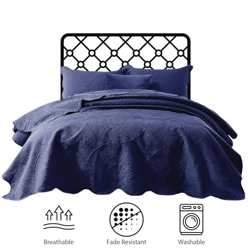 IR Imperial Rooms King Quilt Bedding Set Size (106" x 96") + 2 Pillow Shams (20" x 36"+ 2") - 3 Pcs All Season Lightweight Reversible Microfiber Coverlet Floral Embossed Quilt Bedspread (Blue)
