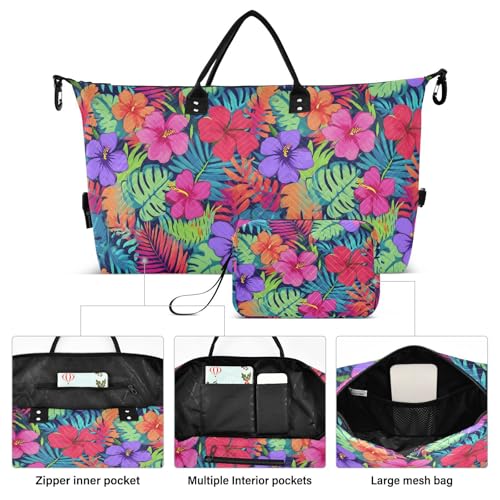 Green Palm Leaves Hibiscus Flower Blossom Large Travel Duffle Bag Weekender Overnight Bags Gym Yoga Bag for Women Men with Toiletry Bag2