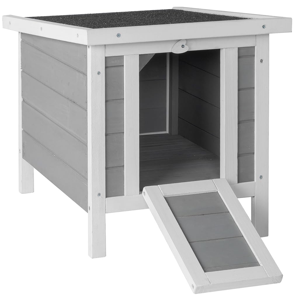 Wooden Bunny House Rabbit Cat Hutch, Feral Cats Outdoor Weatherproof Rabbit Hutch w/Ramp, Lockable Doors, Openable Top, Small Pet House for Rabbits, Bunnies, Guinea Pigs, 16.5" x 20.5" x 17.3"