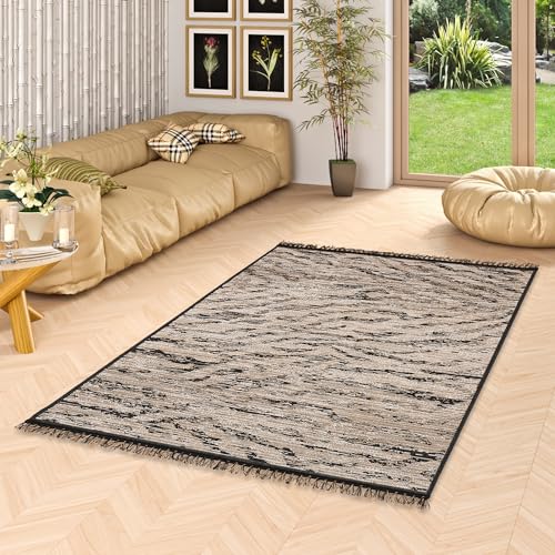 Pergamon Teppich Kurzflor Flachgewebe mit Fransen Jute Natur Ethno Style Teppich Origin Beige Schwarz Animal Print in 5 Größen