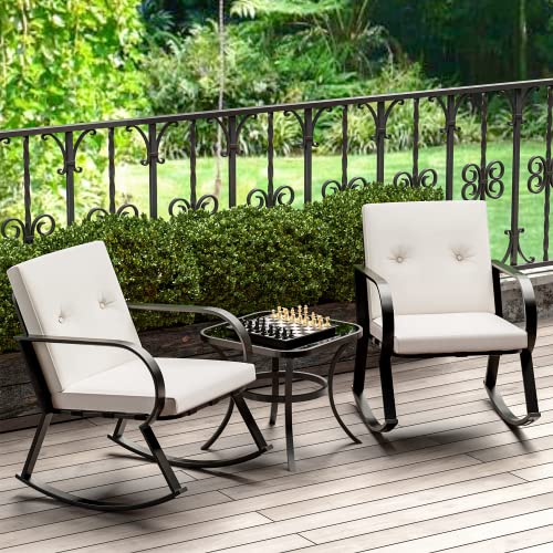 Image of Greesum 3 Pieces Patio Furniture Sets, Outdoor Conversation Rocking Chairs with Soft Cushions and Glass Coffee Table for Balcony, Porch, Yard, White