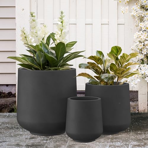 Image of Kante Set of 3 Black Concrete Curved Planters 16.5 inch 13 inch 9.4 inch Dia | Drainage for Outdoor, Rubber Plug for Indoor Home, All-Weather Cement Pot, Handcraft, Lightweight & Durable, Anti-UV, Round
