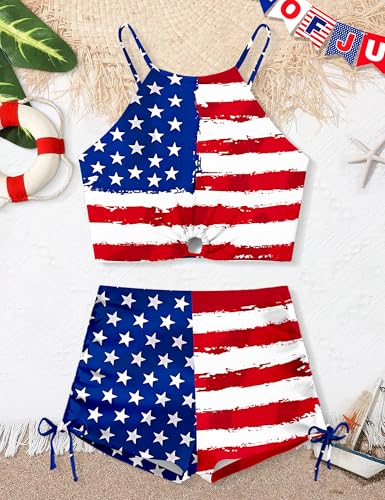 Image of BAVADER Girls Swimsuit 2 Pcs Solid Color Cutout Tankini with Shorts Drawstring Bathing Suit for Girls Swimwear 7-14Y