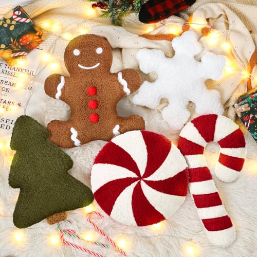 Memorywuu 5 Pcs Christmas Throw Pillows Xmas Tree Gingerbread Man Snowflake Pillows Red White Stripe Candy Cane Peppermint Shape Cushion Stuffed Christmas Decoration for Home Sofa Bed Couch Party