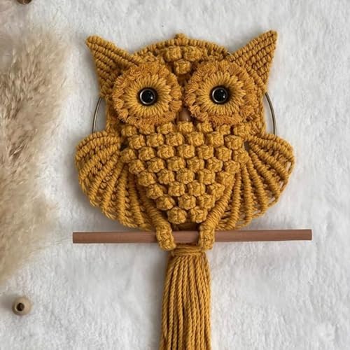 Image of tms Bohemian Owl Macrame Wall Hanging - 12 x 23 Inch - Handcrafted Boho Home Decor with Natural Elements - Boho Chic Accent for Home, Office, or Living Room (Mustard)