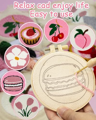 Image of Punch Needle Kit for Beginners Adults Kids, 6 Pattern Embroidery Punch Needle Kits, Easy Needle Punch Embroidery DIY Kit Set Tufted Rug Punch Decoration with Patterns, Tools, Yarns, Hoop, Instruction