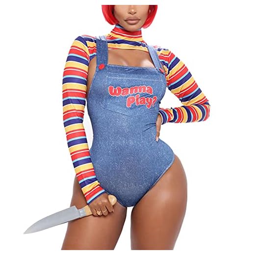 BEAUTYBIGBANG Disfraz de Halloween aterrador para mujer, disfraz de muñeca Asesino de Pesadilla, disfraz de muñeco Chucky (L)