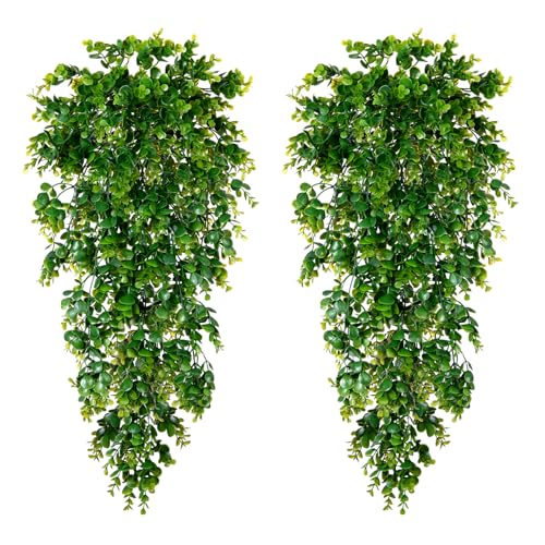 Hrobek Fake Hanging Plants, 2pcs 3ft Lifelike Artificial Eucalyptus Greenery for Spring Summer Decoration, Faux Vine Plant for Wall Shelf Home Office Patio Indoor Outdoor Decor