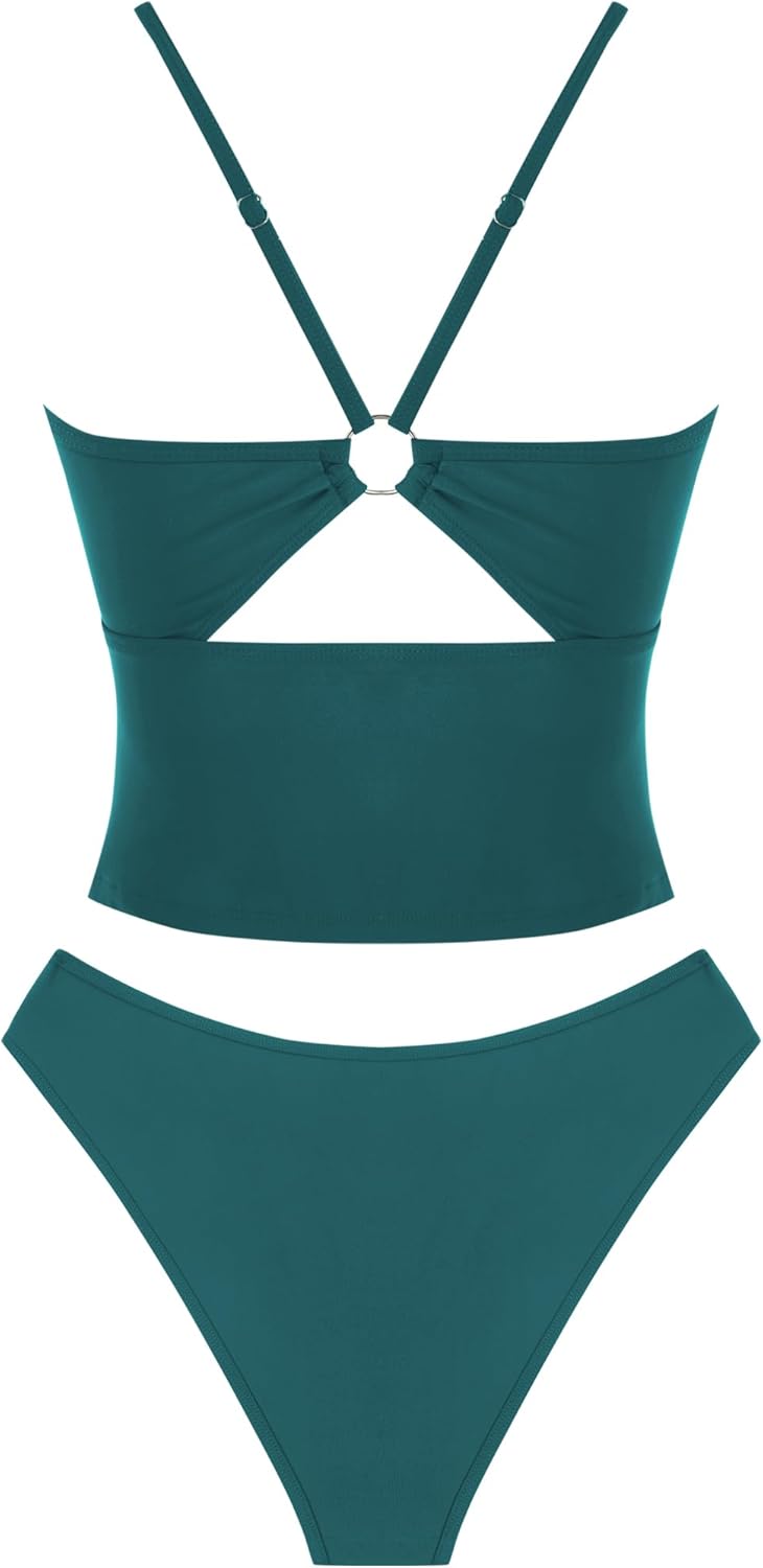 ZAFUL Tankini Swimsuits for Women V Neck Dual Straps Cropped Bikini Swimsuit High Cut 2 Pieces Bathing Suit - Image 3