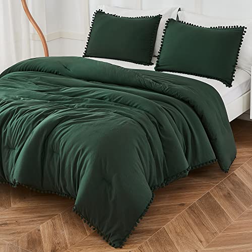 Andency Emerald Green Comforter Set Queen Size (90X90 Inch), 3 Pieces (1 Pom Pom Fringe Comforter, 2 Pillowcases) All Season Comforter Washed Microfiber Bedding Set With Corner Loops #TOP1