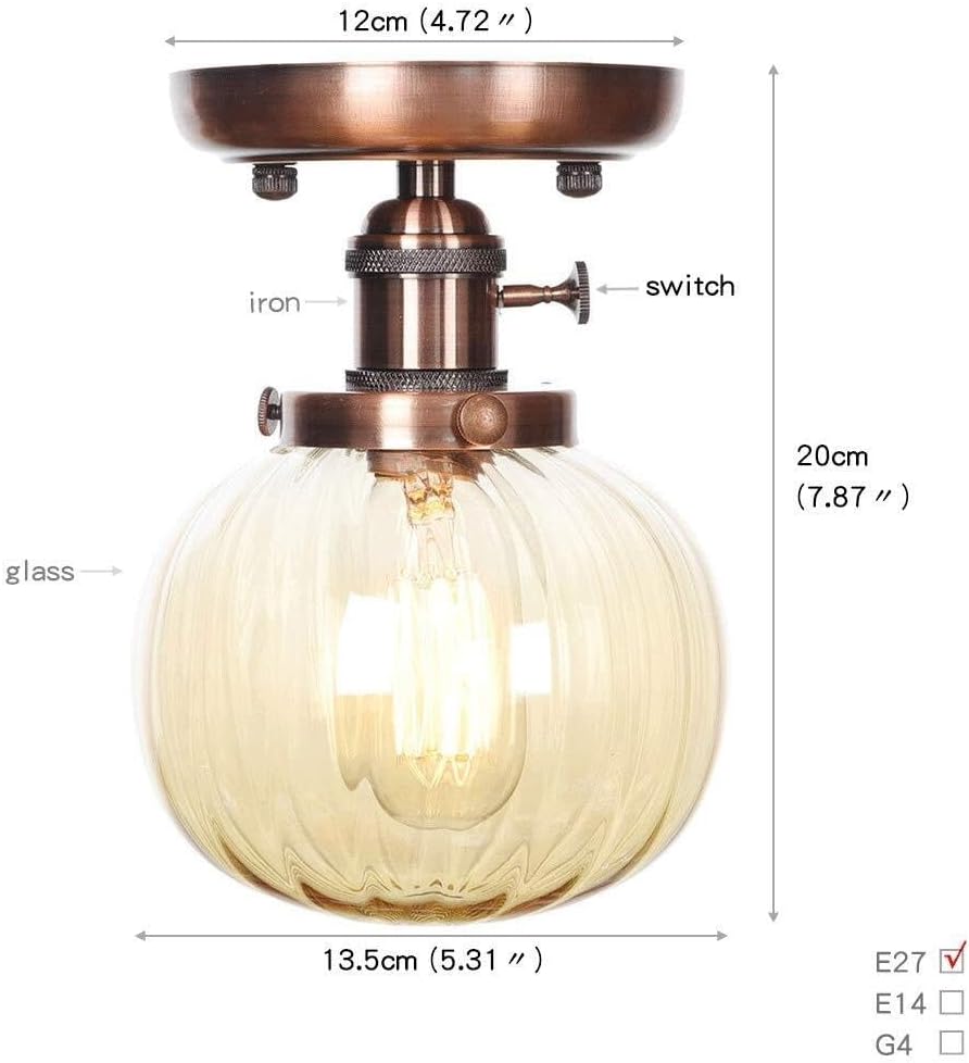 LOFT Retro Striped Glass Ball Lampshade Ceiling Lamp Semi Flush Mount Ceiling Light Fixture LED E27 Single Head Ceiling Lights for Bathroom Porch Kitchen Living Room Dining (Color : Chrome) Re