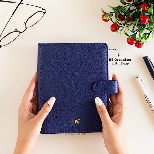 Image of NEORAH - B6 Notebook SLEEVE with SNAP Button - [ SLEEVE ONLY ]|Vegan Leather|Office Diary Holder with Penloop| 2 Front & 1 Back Pocket |6 Card Slots |2 BookMarks - Fits any B6 Softcover - DARK BLUE
