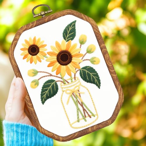 Image of INFUNLY 6 Sets Octagon Sunflowers Embroidery Kit for Beginners Bee Stamped Embroidery Starter Kit 11.8x11.8 Vintage Hand Stitching Needlework Set with Step-by-Step Instruction for Adults Home Decor