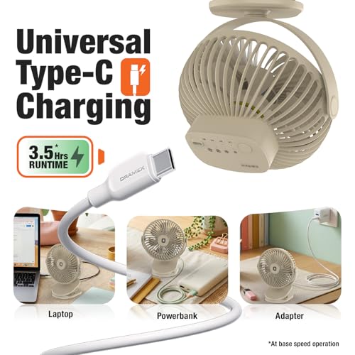 Image of Orient Electric Orbis Rechargeable Personal Fan | 360 Rotation | 1800 mAh Battery | 4 Speed Modes with Timer | Quiet Operation | USB Type-C Charging | Clip-On Mini Fan (Beige)