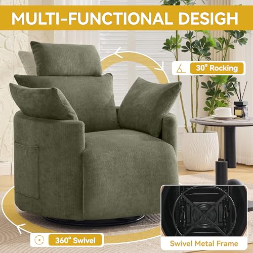 Image of Manual Recliner Chair, 360 Swivel Rocking Chair Nursery with Side Pocket, Glider Reclining Chair for Adults Small Space, Barrel Recliners with 2 Pillows for Living Room, Chenille Navy Green