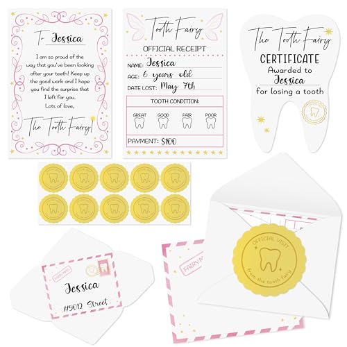 Qimgic Mini Tooth Receipt Set - 20 Set Pink Tooth Cards with Envelope and Fairy Letter for Kids Lost Teeth Certificate Keepsake Postmark Gift Bag with Seal Stickers for Girls Boys Home School Award