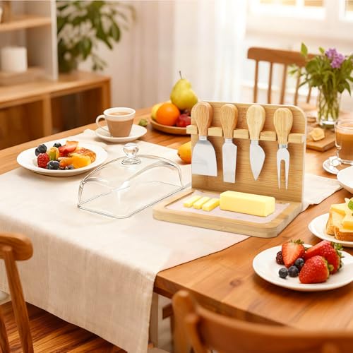 2-In-1 Butter Dish with Lid and Cheese Knife Holder - Includes 50Pcs Greaseproof Paper Sheets & 4 Cheese Knife, Countertop Butter Keeper