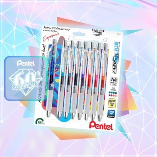 Image of Pentel EnerGel Expressions, 60th Anniversary Limited Edition Pack, ICE Liquid Gel Pens, (0.7mm) Medium Line, Assorted Ink Colors, Pack of 8 (BL77TLABP8M)