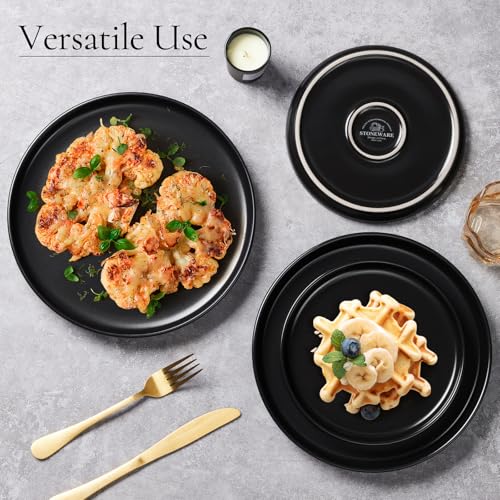 Image of E-far 8 inch Ceramic Salad Plates Set of 6, Stoneware Dishes Dessert Plate for Home Kitchen Restaurant, Microwave & Dishwasher Safe - Matte Black