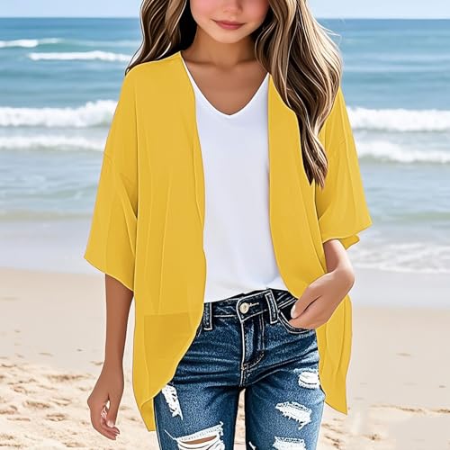 sfdgfhyf Teen Girls Lightweight Cardigan Cover up 3/4 Sleeve Open Front Chiffon Beach Casual Rash Guard Coverup3