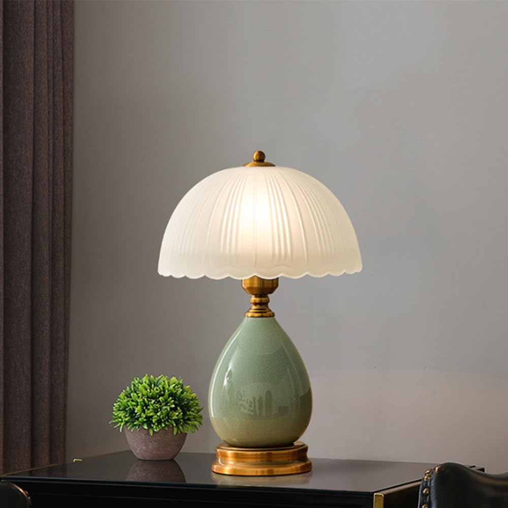Mengjay Lampada da tavolo salotto lampada Vintage,Luce da Scrivania in vetro,Base in ceramica,E27 Lampada da Notte per camera da letto, studio, comodino, scrivania (Verde)