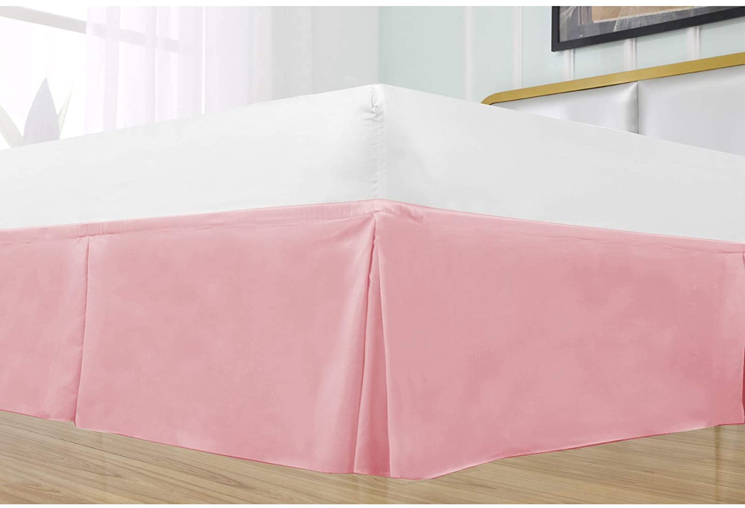 Bed Skirt with Pleated 100% Microfiber, Bed Base Frame Cover Valances, 3 Sided Fabric Base (40cm Drop) Tailored Finish Bed Skirt - Pink Solid,Double Size 140 x 190 Cm.