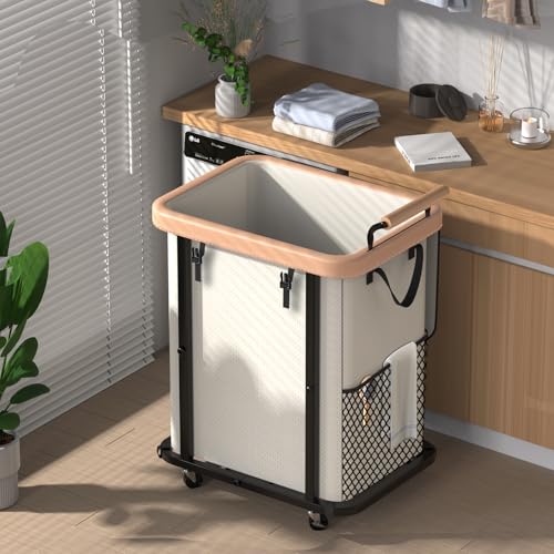 40 Gal (150L) Laundry Hamper with Lid, Leather Patchwork Laundry Basket with Rolling Lockable Wheels and Handle, Laundry Basket Organizer for Laundry Room, Bedroom and Bathroom,Laundry Room - White