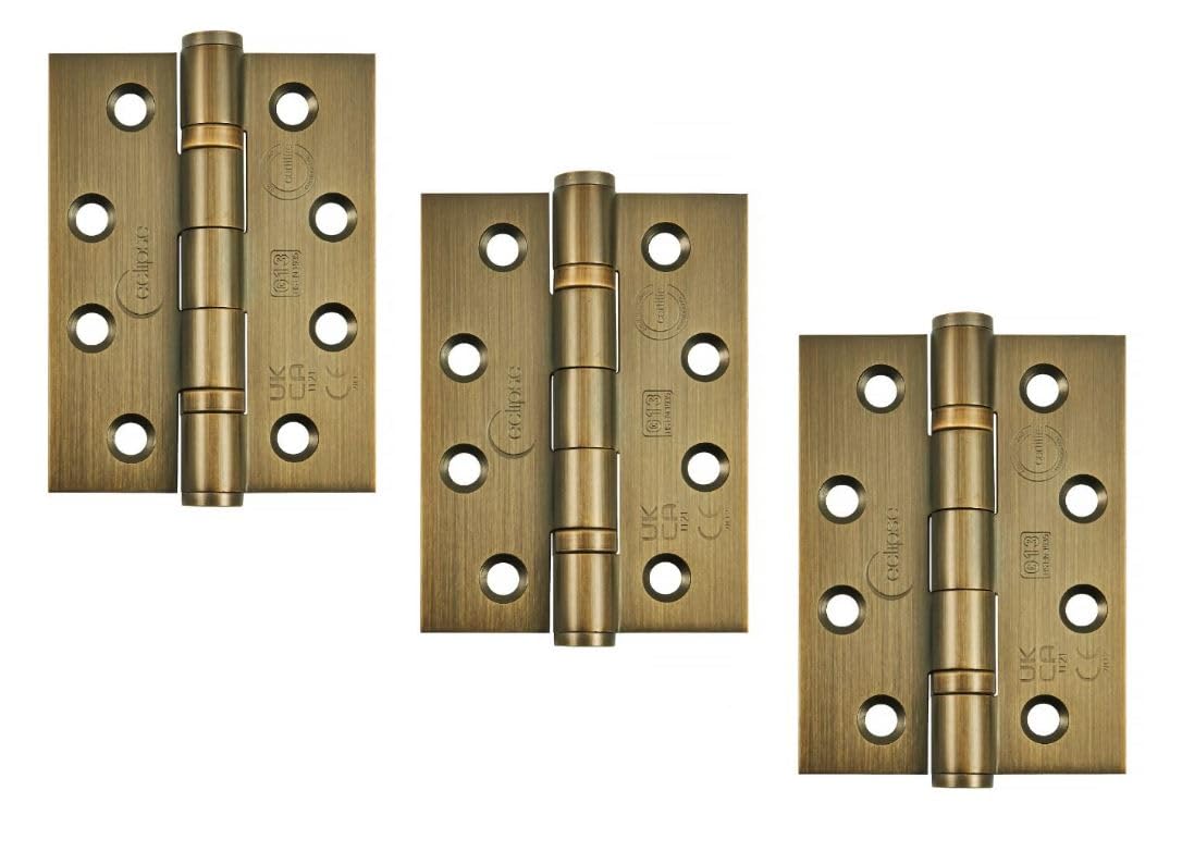 Eclipse Grade 13 Internal Fire Door Hinges, 4 Inch (102mm) Heavy Duty Stainless Steel, Pack of 3 (Matt Antique Brass)
