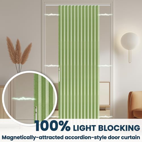 Image of AJAZZ 100% Blackout Accordion Doors for Closet Magnetic Door Curtain Invisible Folding Door for Bedroom Living Room Doorway Curtain Sets Included Tracks (1 Pack, 72W x 80 L, Green)