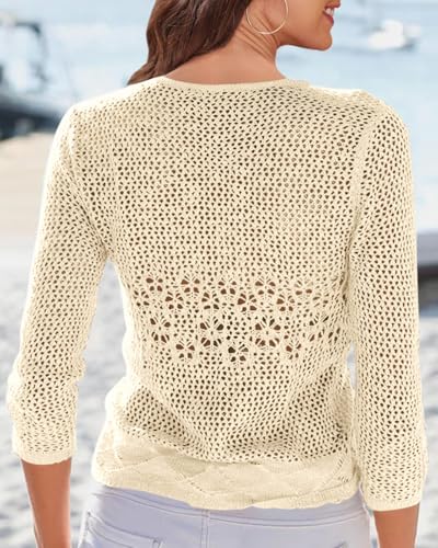 Image of Nulibenna Womens Sheer Shrug Sweaters 3 /4 Sleeve Open Front Tie Cardigan Bolero Jacket Lightweight Crochet Knit Cover Up Tops