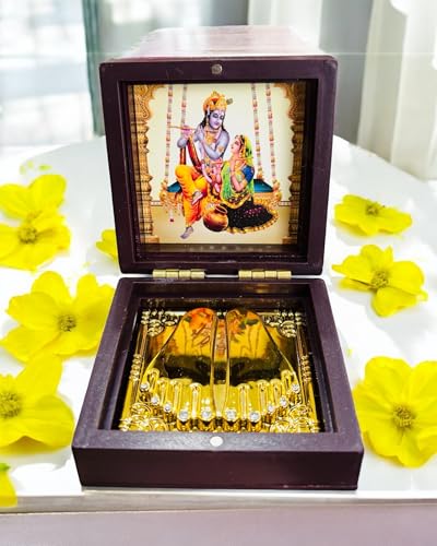 Image of Krishan Ji Pocket Temple Charna Paduka Vrindavan Mandir | Gold Plated Box God Idol Bhagwan | Religious Gift for Mom & Dad | Diwali Gift Item | Thakur Ji (Krishan JI)