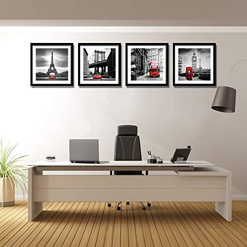 Englant 4 Pieces Framed Canvas Wall Art, Black White And Red Wall Decor Landscape Poster With Eiffel Tower, Brooklyn Bridge, London Big Ben Picture For Bedroom And Bathroom #TOP6