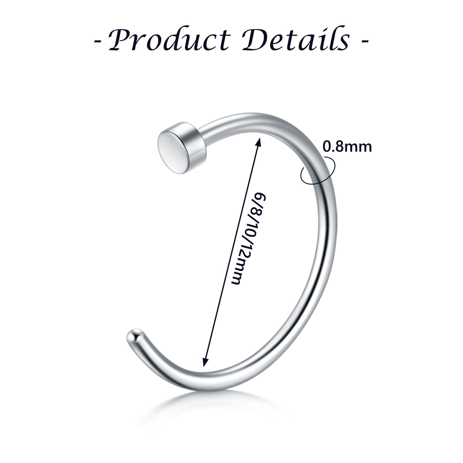 LAURITAMI Fake Piercing 20G Edelstahl Fake Nose Ring Hoop, C Form Nase Lippen Ohrring Tragus Septum Piercing Schmuck für Frauen Männer, 6/8/10/12mm Fake Nasenpiercing