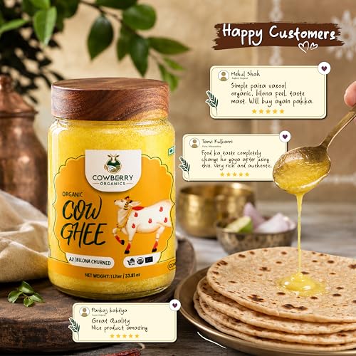 Image of COWBERRY Organic A2 Cow Ghee /Vedic Bilona Desi Ghee 1 L, Free-Grazing Native Cows | Cultured-Curd Hand-Churned | NPOP India, NOP USDA, EU Organic Certified | Lab-Tested 252+ Chemicals & Glyphosate Free