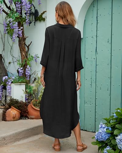 Bsubseach Womens Bathing Suit Cover Up V Neck Long Swimsuit Cover Up Beach Shirt Dress Swimwear with Pockets3