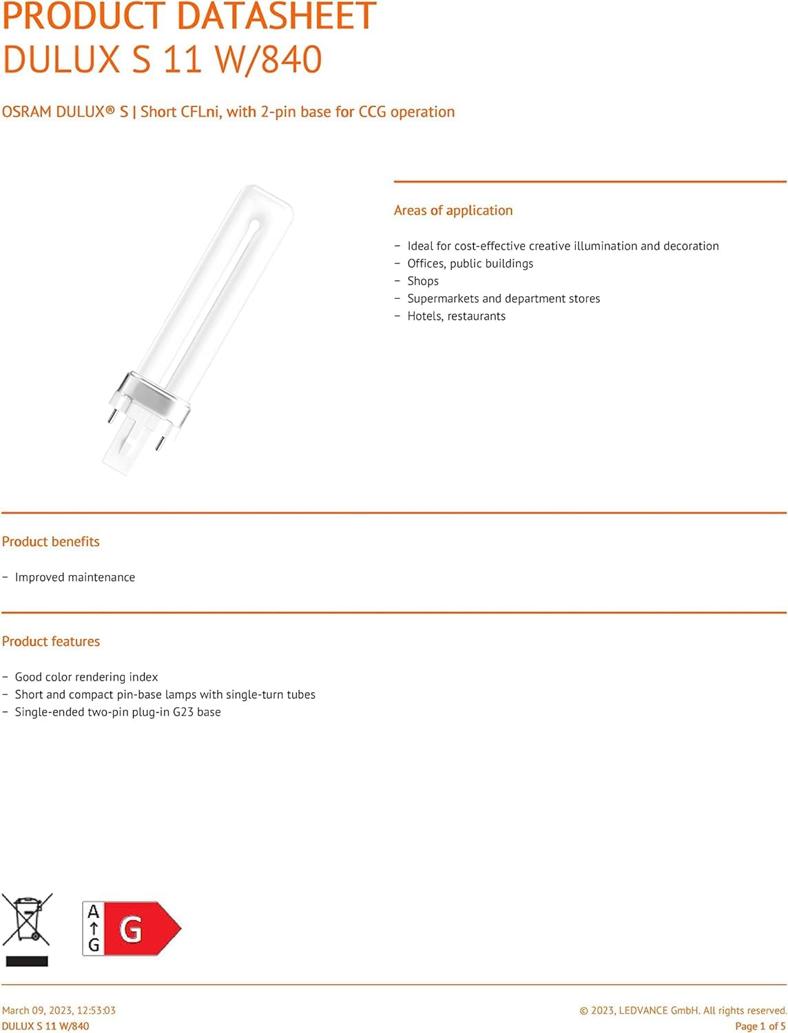 10 x Osram DULUX S 11W/840 G23